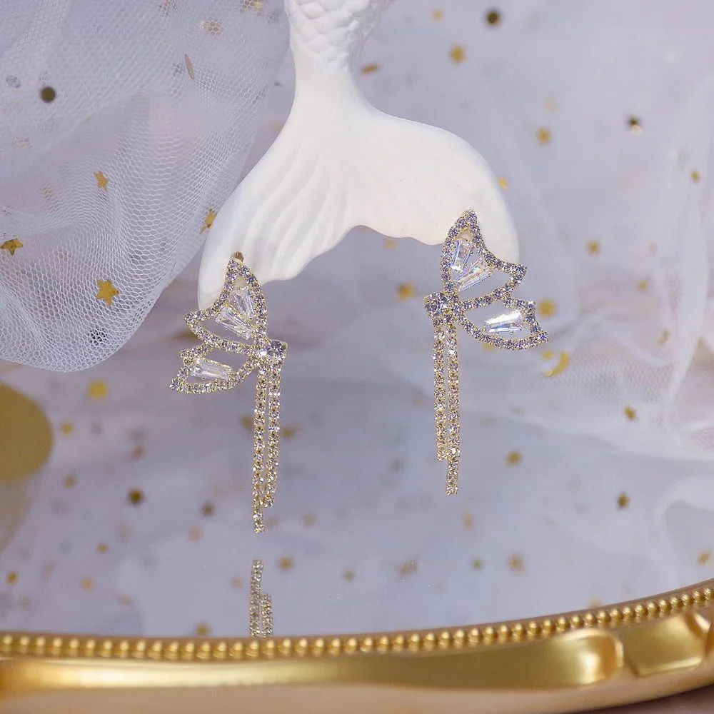 NEW 14K Gold Plated Round Diamond Butterfly Tassel Drop Earrings - Picture 4 of 6